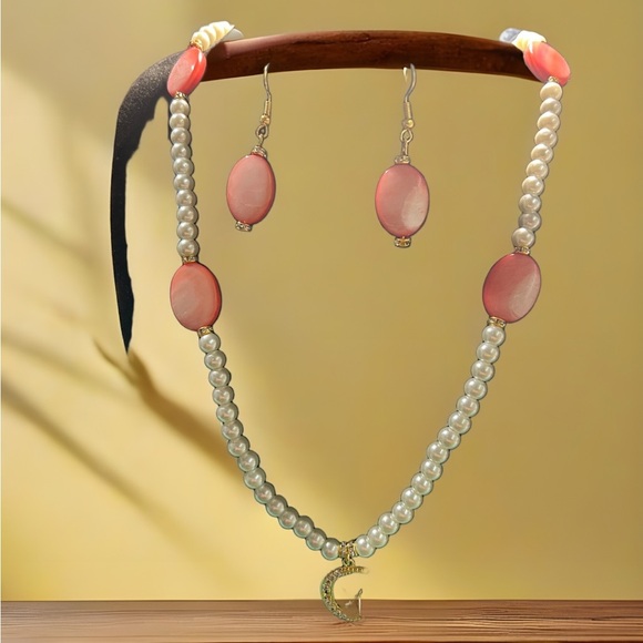 Elegant White and Pink Beaded Necklace and Earring Set - Picture 2 of 3